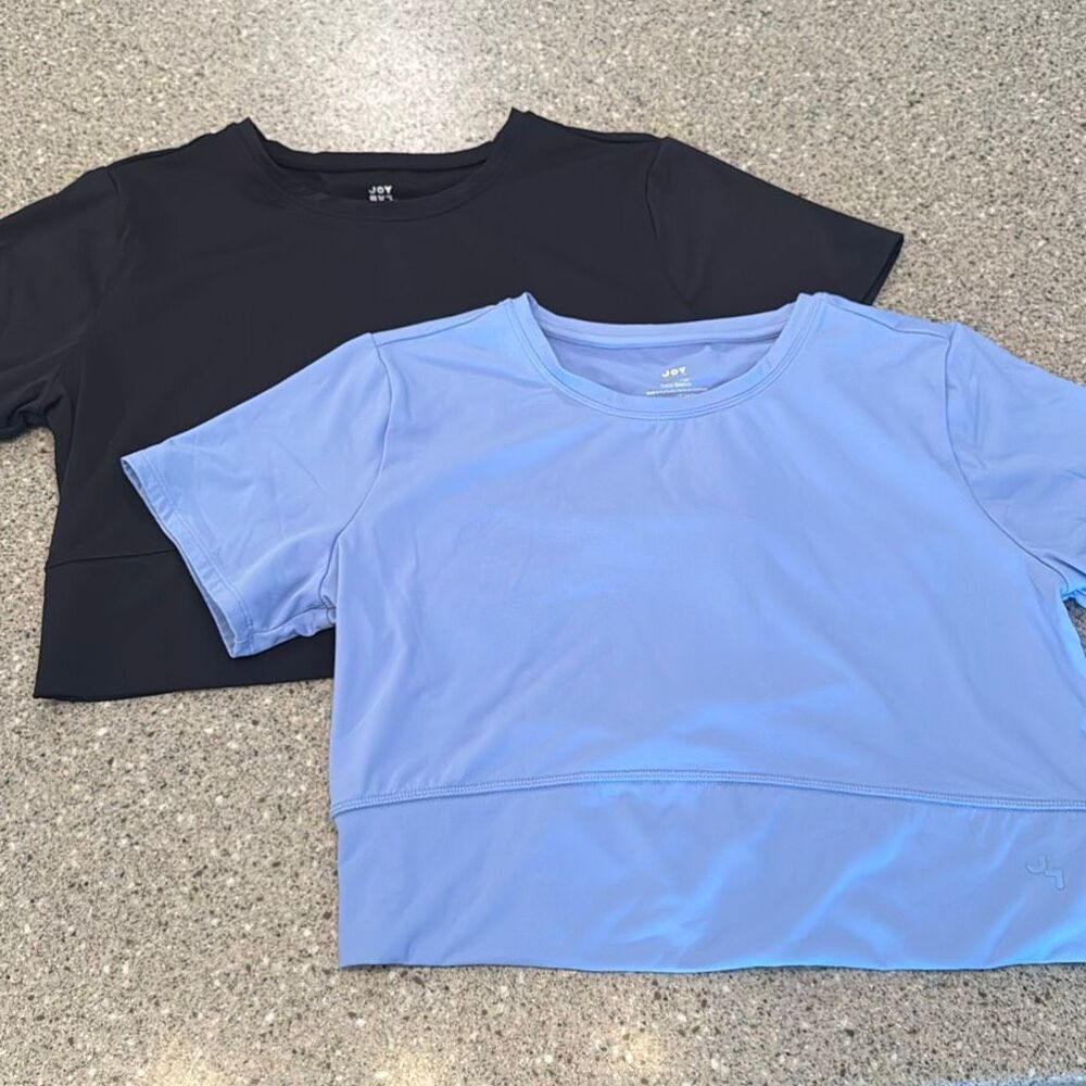 JOY LAB 2 Pc Short Sleeve Crop Top Activewear Athleisure Blue Black Crossback - Picture 2 of 8